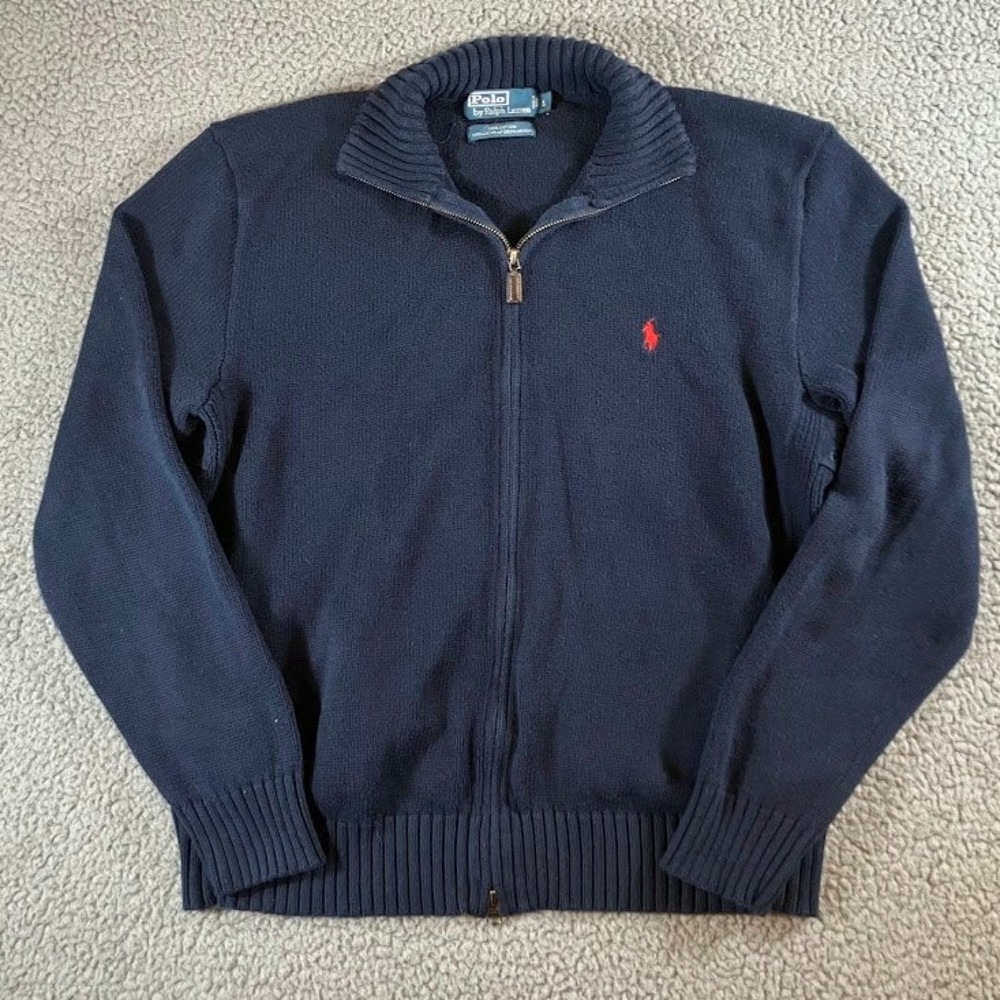 Polo Ralph Lauren Mens Navy Blue 100% Cotton Full Zip Sweater Large Logo